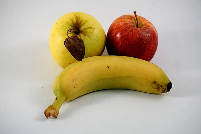 水果、香蕉、苹果、梨、红色、黄色、食品、植物