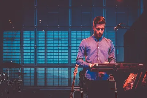 人，演奏，电子，键盘，昏暗，房间，舞台，人