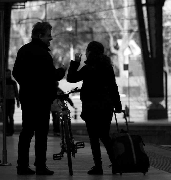 西班牙，巴塞罗那，estación de francia，talking，Bicile，手提箱，情侣，黑白