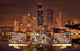 城市、天际线、社区、社交、媒体、监视器、二进制、二进制系统