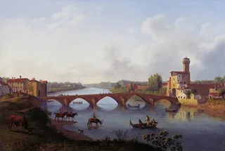 人，骑马，马，河，拱桥画，哈克特，艺术，艺术