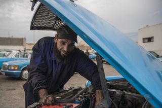 机械师，梅赛德斯，蓝色，出租车，essaouira，汽车，引擎盖，旧定时器