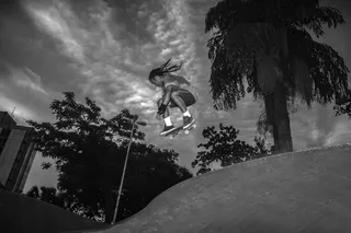 黑白、滑板、跳跃、长发辫、日落、动作、黎明、黄昏