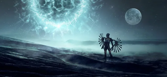 幻想、科幻、行星、太阳、月亮、光、天空、未来主义
