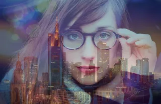 女人，城市，夜间艺术，反射，玻璃，窗户，风景，眼镜