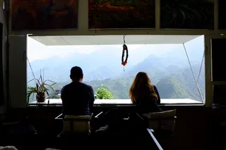 探险，情侣，看，窗户，山，风景，向外看，向外看