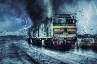 火车，残骸，灾难，风暴，龙卷风，闪电，坏天气，雨