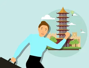 在中国带着行李和地标的旅行者。世界旅行插图。