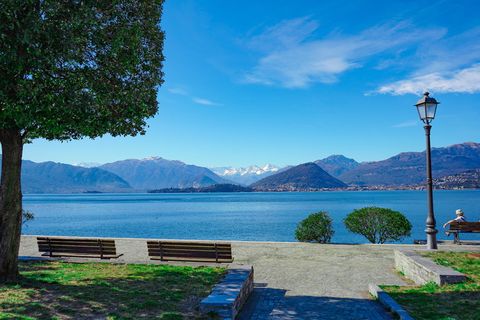 lago maggiore、拉维诺、瓦雷泽、景观、伦巴第、意大利、灯柱、长凳