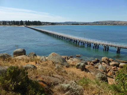 桥梁、桥墩、码头、距离、海岸线、海边、木质、地平线