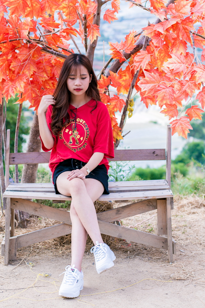 身穿红色 V 领衬衫的女人坐在红叶树旁