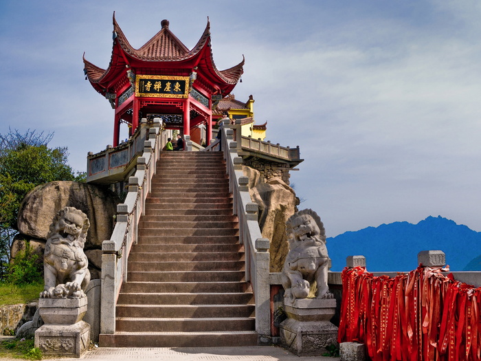 红色、黄色、混凝土、宝塔、寺庙、佛教、中国、九华山