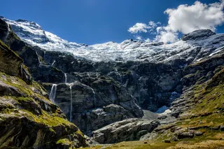 瀑布，新西兰，绿色，蓝色，天空，雪，草，瀑布