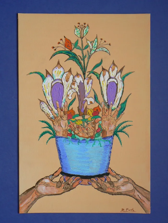 五感、触觉、手、壶、花、蓝、艺术和工艺、室内