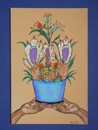 五感、触觉、手、壶、花、蓝、艺术和工艺、室内