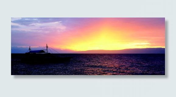 日落，小船，支腿，岛屿，大海，平静，水，倒影