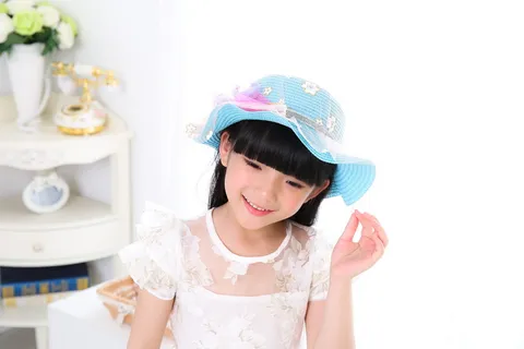 儿童、女孩、肖像、照片、白色连衣裙、帽子、bid、亚洲