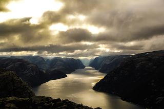 山，身体，水，黄金，小时，挪威，峡湾，利塞峡湾