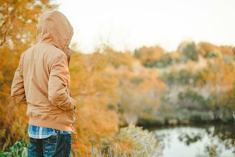 男士，棕色，连帽夹克，贴面，身体，水，天，人