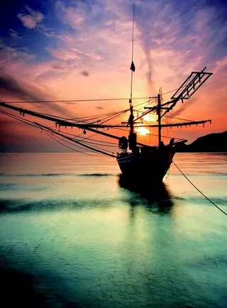 剪影，帆船，身体，水，风景，船，日出日落，日落