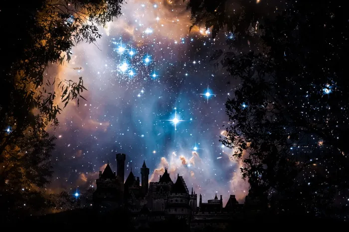 城堡，天空，夜晚，星星，集会，树木，风景，幻想