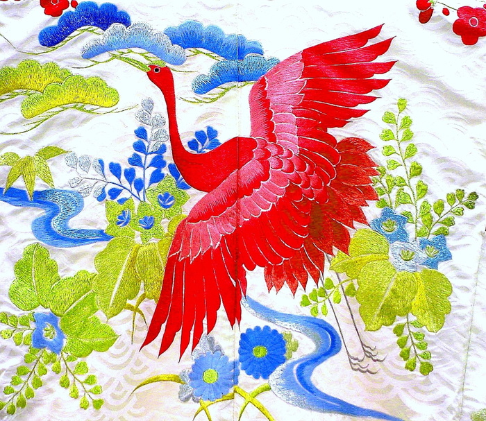 红、鸟、蓝、绿、花卉纺织品、和服、日本、传统