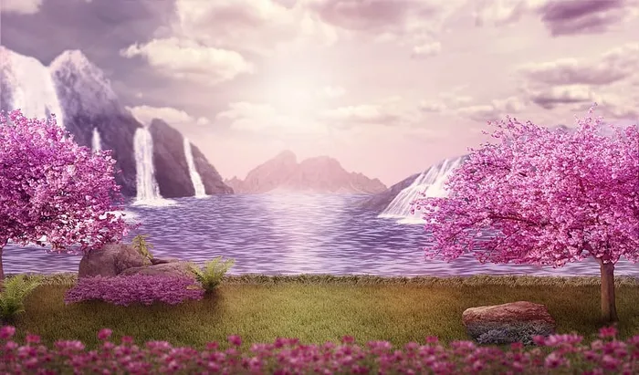 背景、幻想、风景、山脉、瀑布、树木、草地、湖泊
