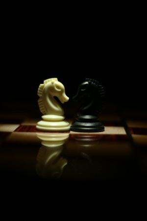 两位黑白棋士在棋盘上对峙