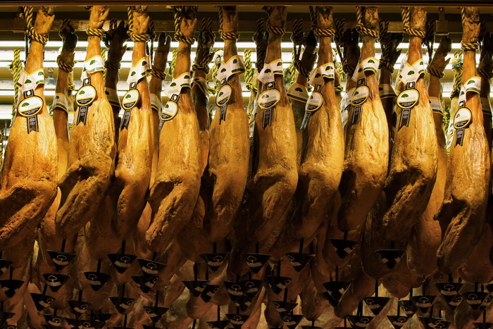 干的、肉、吊死的、棕色、绳索、Jamon、Iberico、Iberico、火腿、西班牙语、食品
