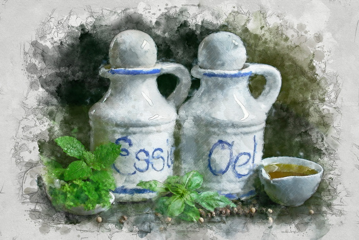 二、白色、陶瓷、坛子、绿色、叶子植物画、油和醋、油