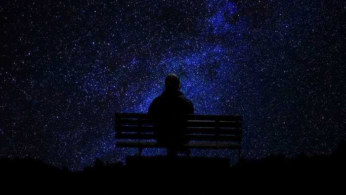 剪影照片，人物，坐着，长凳，看，天空，星星，人