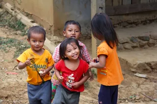 四, 儿童, 玩耍, 旁边, 灰色, 混凝土, 建筑, 可爱