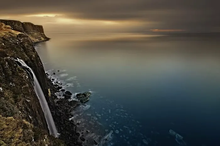 timelapse摄影、瀑布、苏格兰、天空岛、湖泊、天空、日落、风景