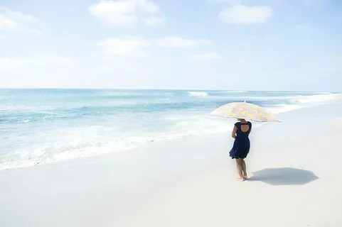 女人，站立，海岸，海滩，海岸，沙滩，夏天，大海