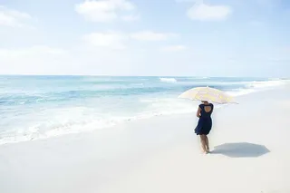 女人，站立，海岸，海滩，海岸，沙滩，夏天，大海