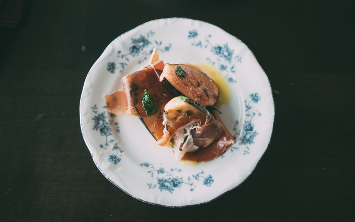 美国，圣克鲁斯，食品，无花果，餐厅，gastropub，火腿，盘子