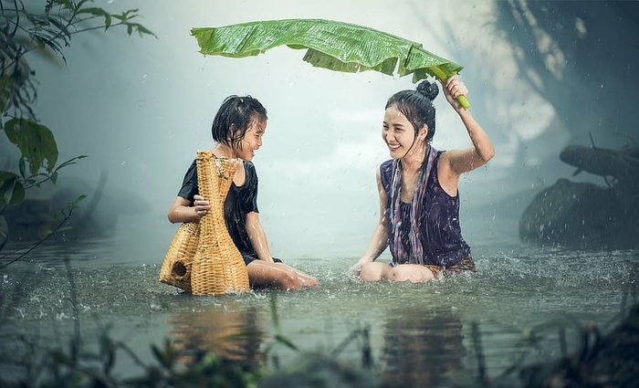 第二，女人，玩耍，雨，女人，年轻，池塘，背景