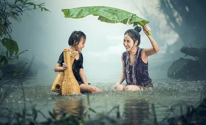 第二，女人，玩耍，雨，女人，年轻，池塘，背景