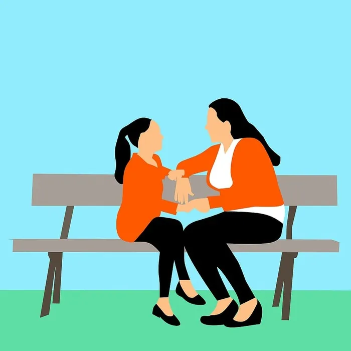 母女插图——坐在公园的长椅上。