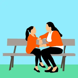 母女插图——坐在公园的长椅上。 母女插图——坐在公园的长椅上。