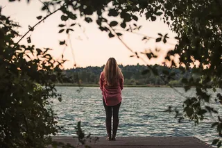 孤独，女孩，湖泊，户外，河流，独奏，树木，水