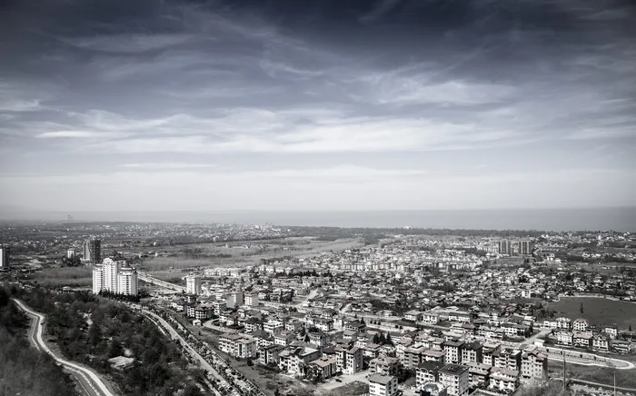 多云、天空、城市、城镇、村庄、上方、房屋、家园