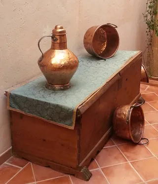 静物画、乡村、青铜、行李箱、老式、古董、抽屉、室内