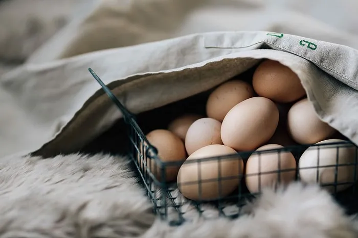 装有新鲜农场鸡蛋的铁丝网篮子