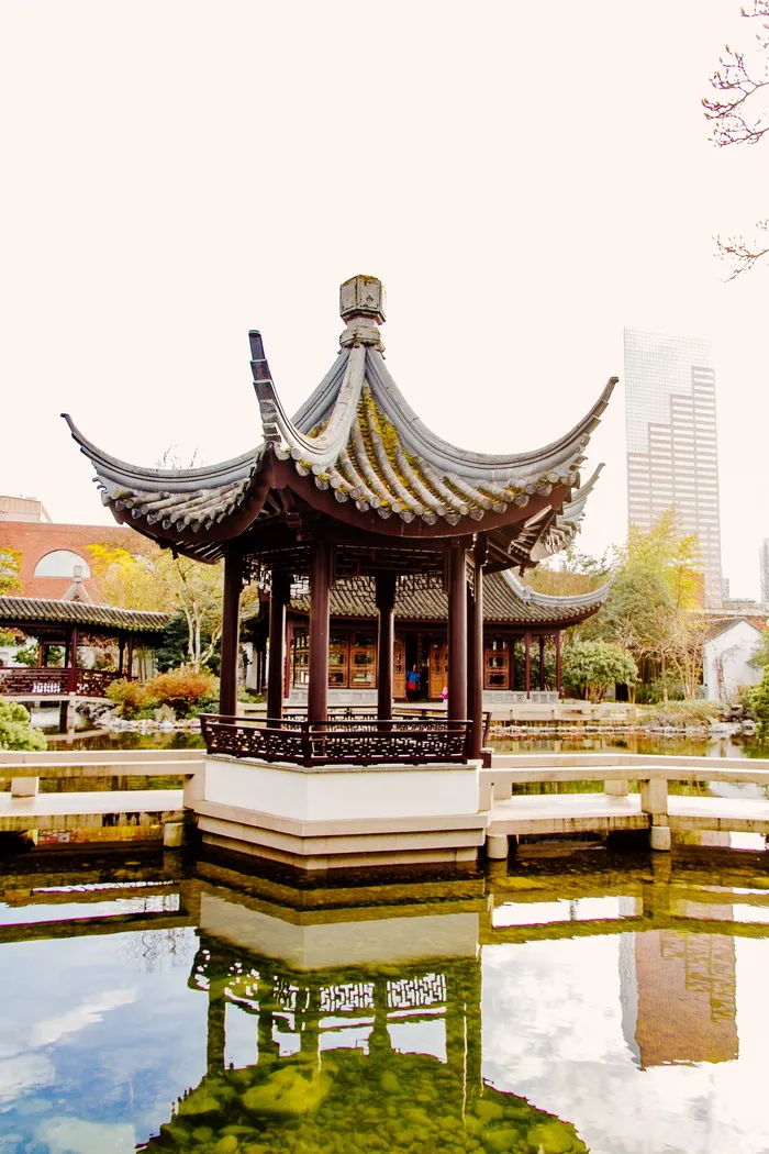 波特兰，美国，兰苏中国花园，绿色，白色，市中心，老城，唐人街