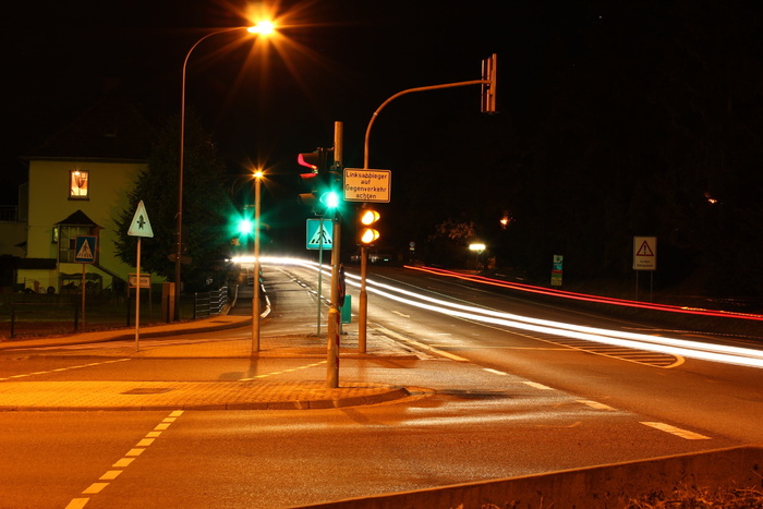 道路、灯光、交通、夜间、照明、长时间曝光、沥青、交叉口