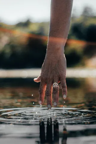 戴金色王冠戒指的人的手视图