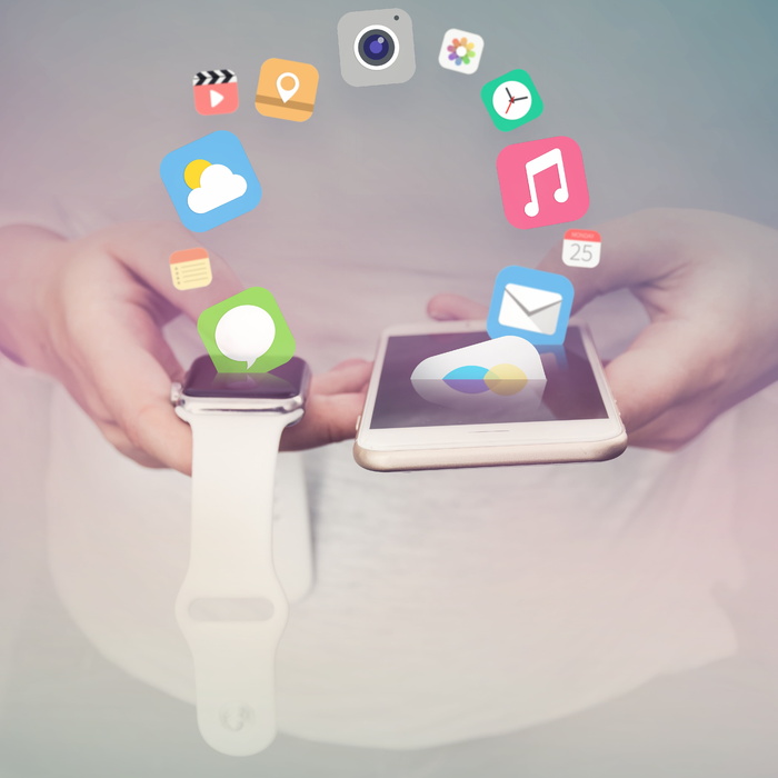 个人，手持，金色iphone 6，银色苹果，手表，苹果，iphone，iwatch