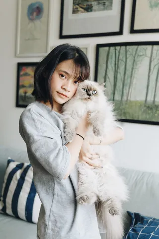 拥抱喜马拉雅猫的女人