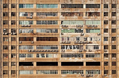 棕色、混凝土、高层、建筑、立面、公寓楼、空调、公寓